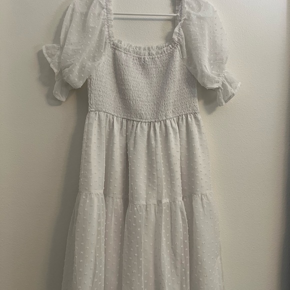 White Mini Dress Puff Sleeves Square Neckline Smocked Bodice - Picture 2 of 5